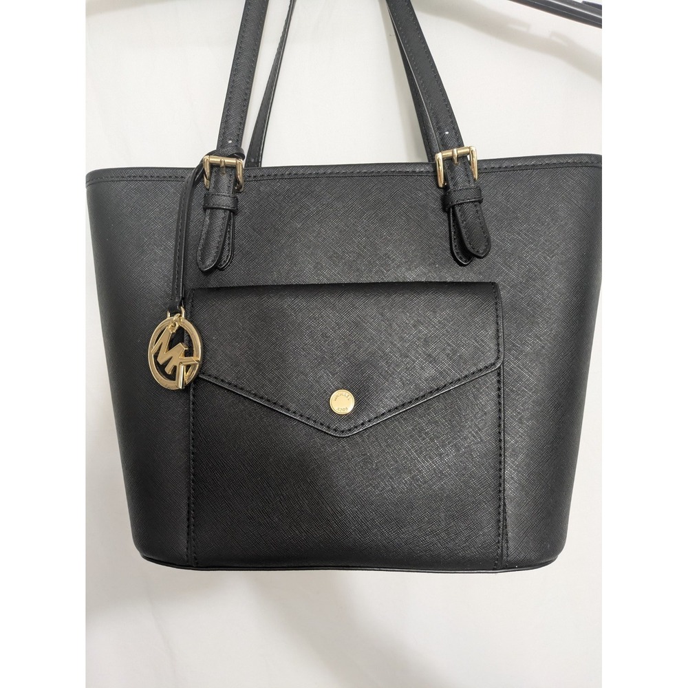 Michael Kors Black Saffiano Leather Tote Bag Gold Hardware Shoulder Bag Pocket